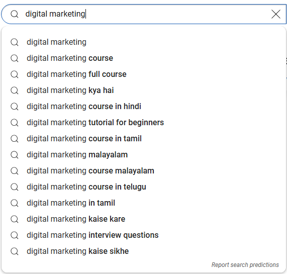 Digital marketing search in YouTube example